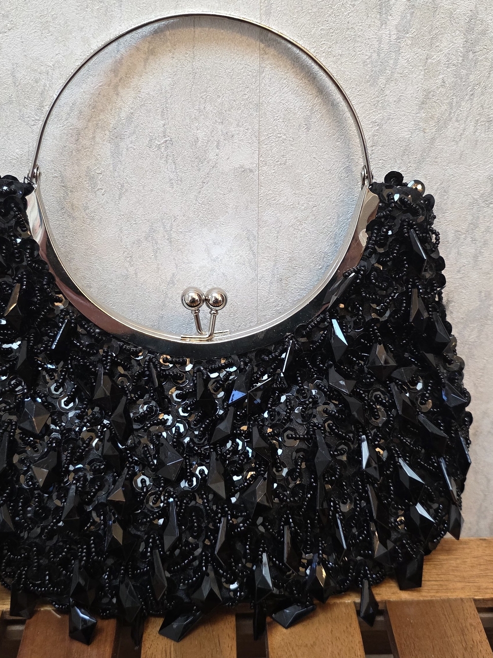 Black Beaded Evening Handbag with Silver Frame